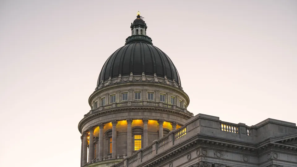 The dome and columns of the Utah State Capitol in Salt Lake City.