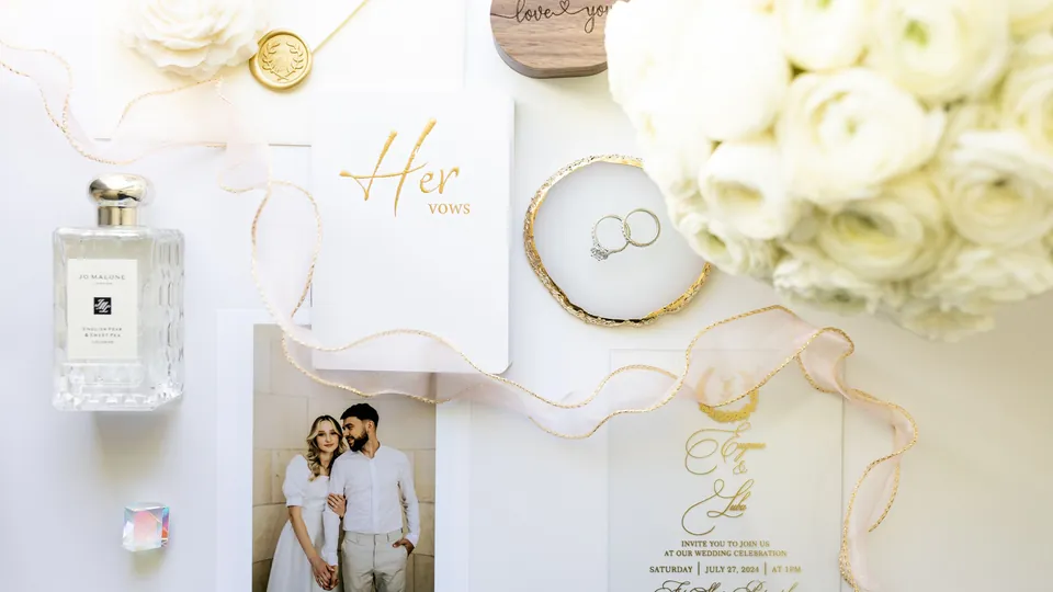 Wedding vow booklets, rings, white flowers, and stationery arranged on a table.